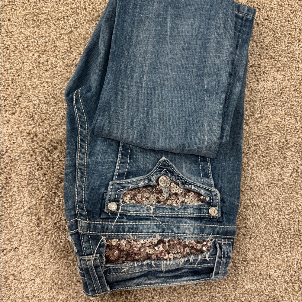 Miss Me Blue Boot Cut Jeans with Distressed Finish - Picture 2 of 3